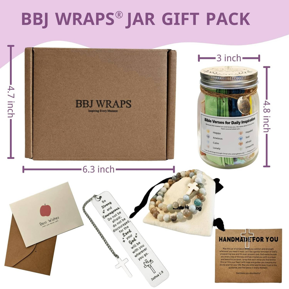 Bible verse jar gift pack with metal-lidded jar, beaded cross bracelet, kraft box