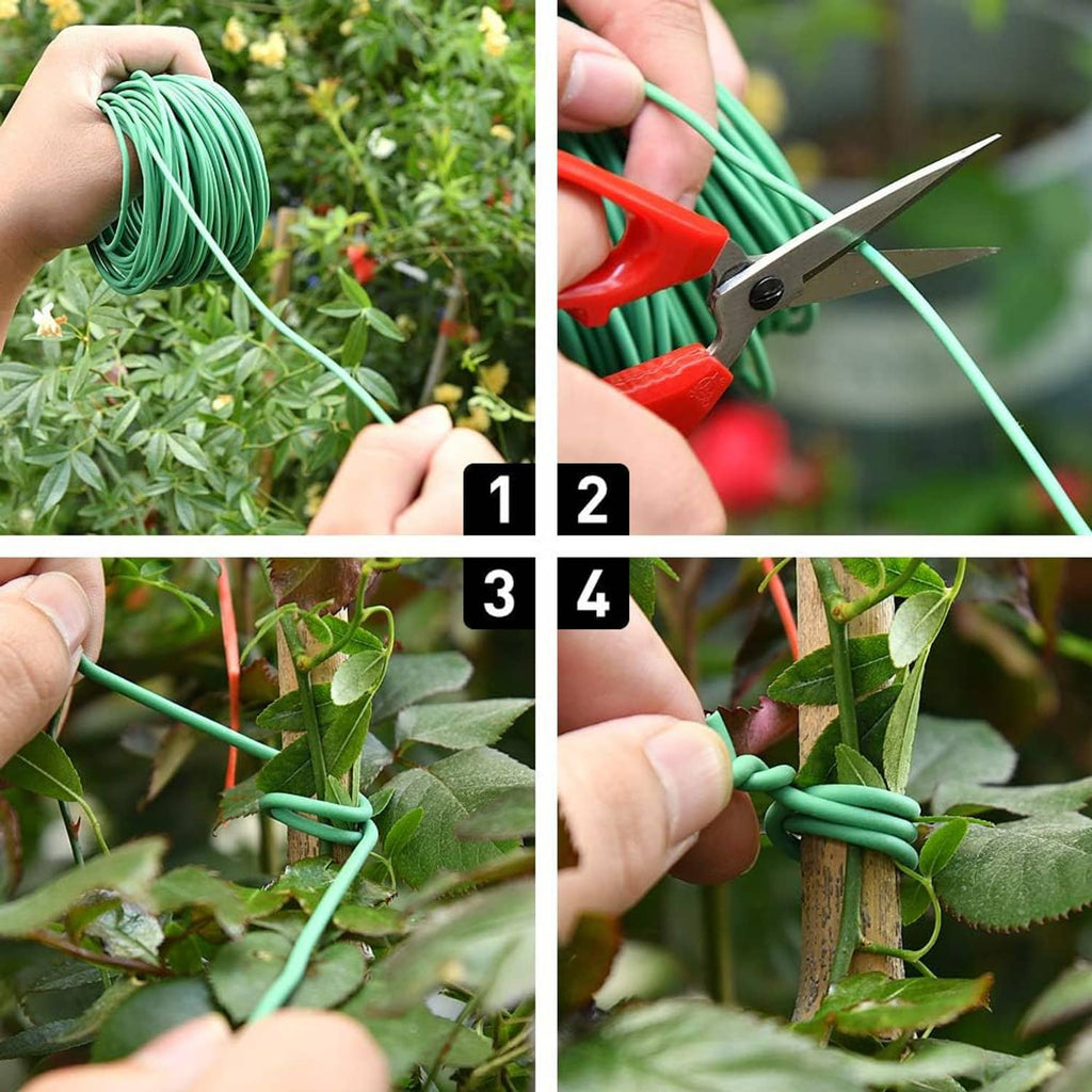 Green twist tie securing tomato stems to foliage on a garden plant