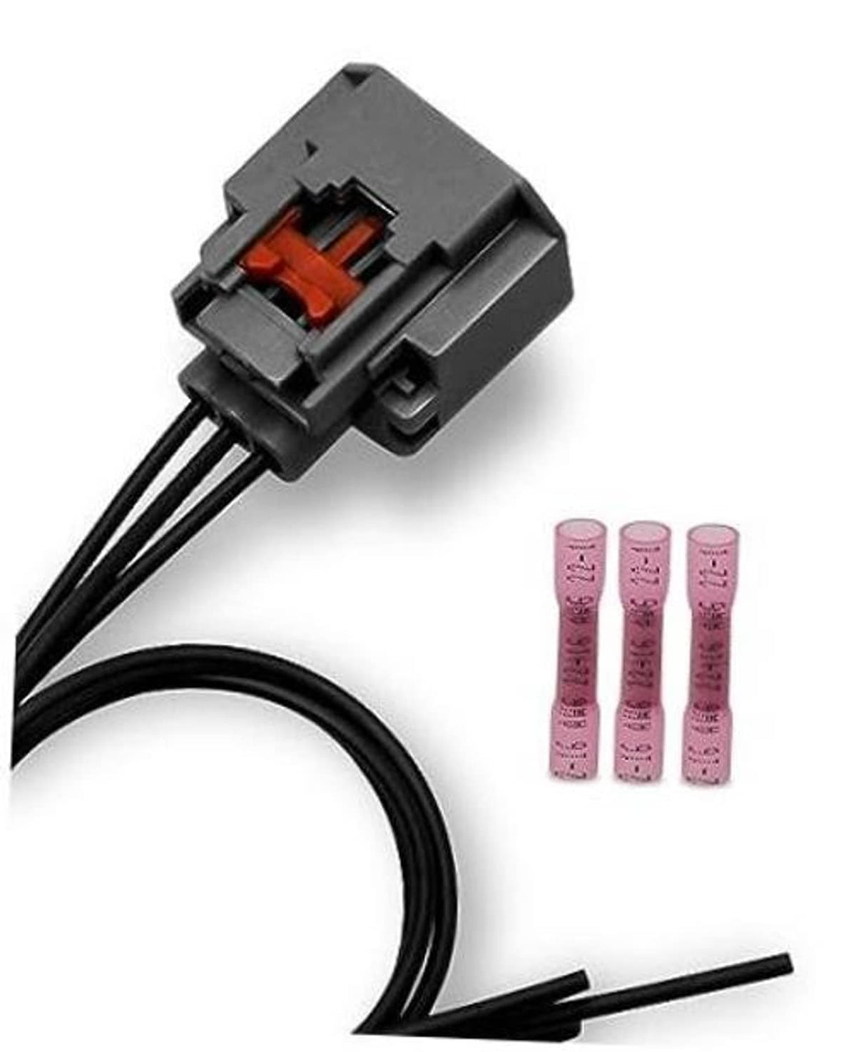 Gray waterproof 3-wire electrical pigtail connector with red insert and black leads