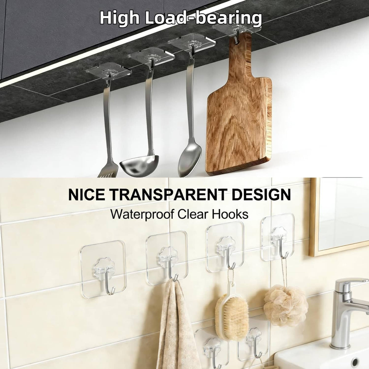 Transparent waterproof wall adhesive hooks with curved metal ends, shown mounted on tile