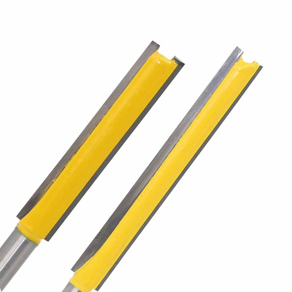Two long straight router bits side by side with yellow cutters and silver shanks