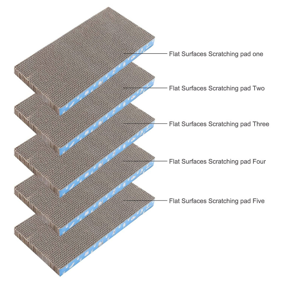 Multi-layer cardboard cat scratch pad steps, beige corrugated surfaces with blue bands