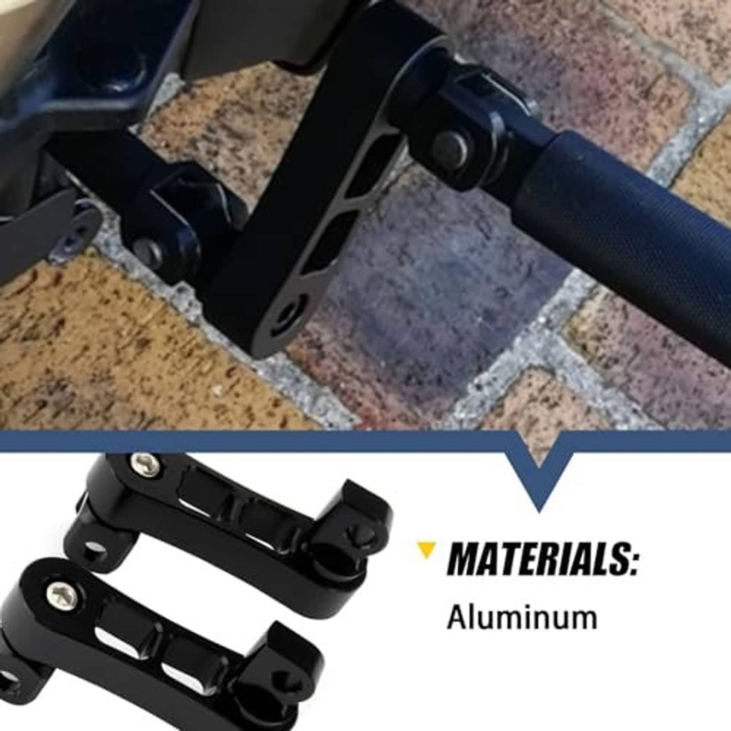 Black aluminum foot peg extension mounts with drilled pads and curved support arms