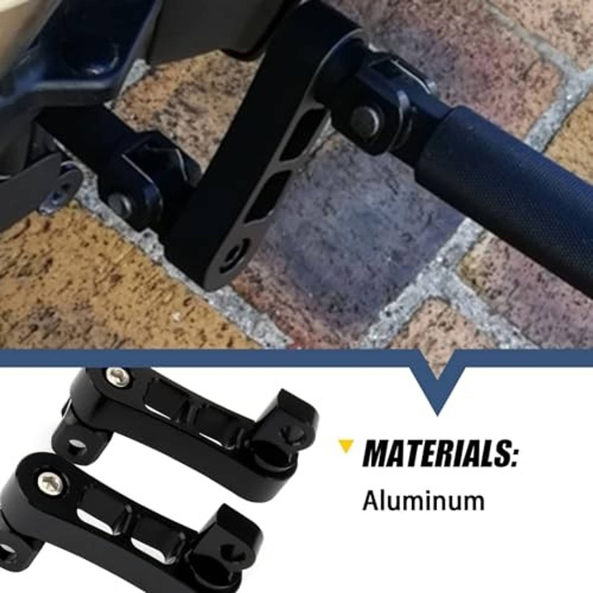 Black aluminum foot peg extension mounts with drilled pads and curved support arms