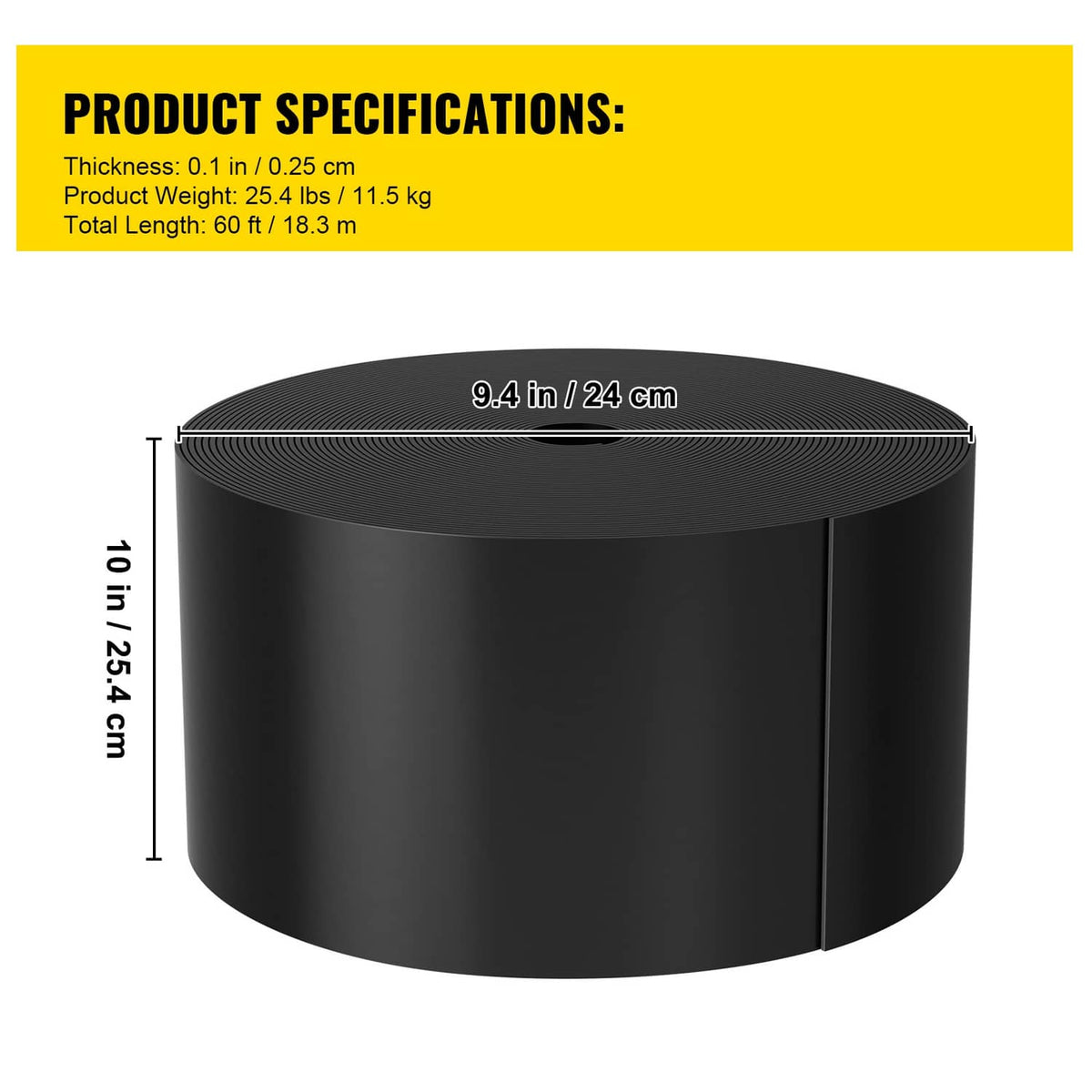 Black rolled landscape edging, labeled thickness 0.1 in and width 9.4 in