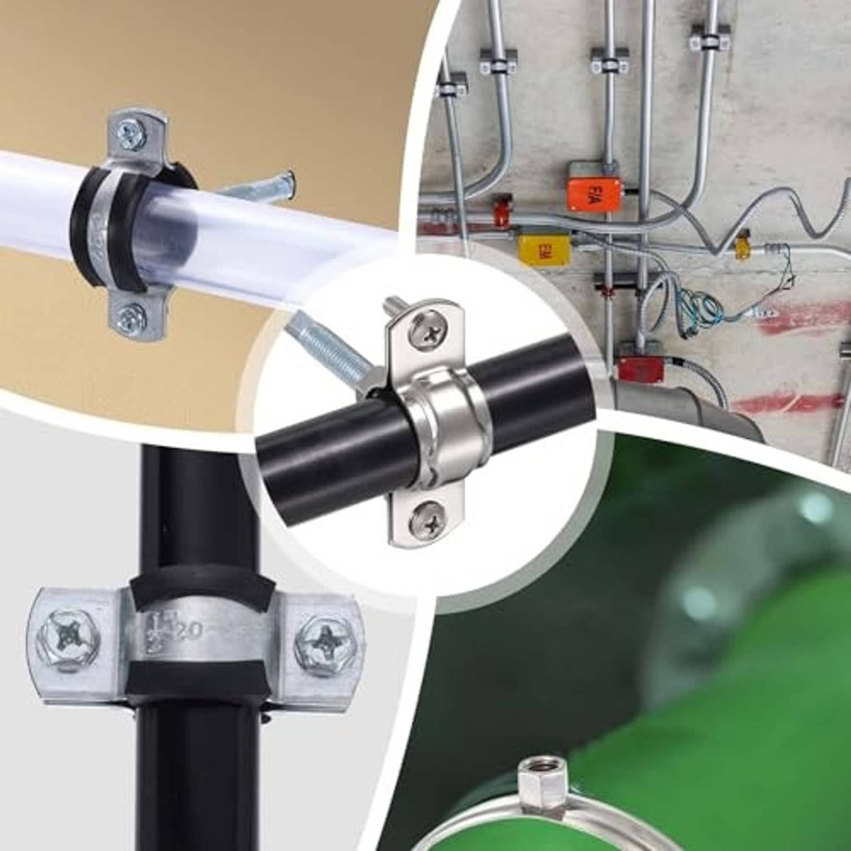 Stainless steel adjustable pipe clamp with screws securing a black pipe