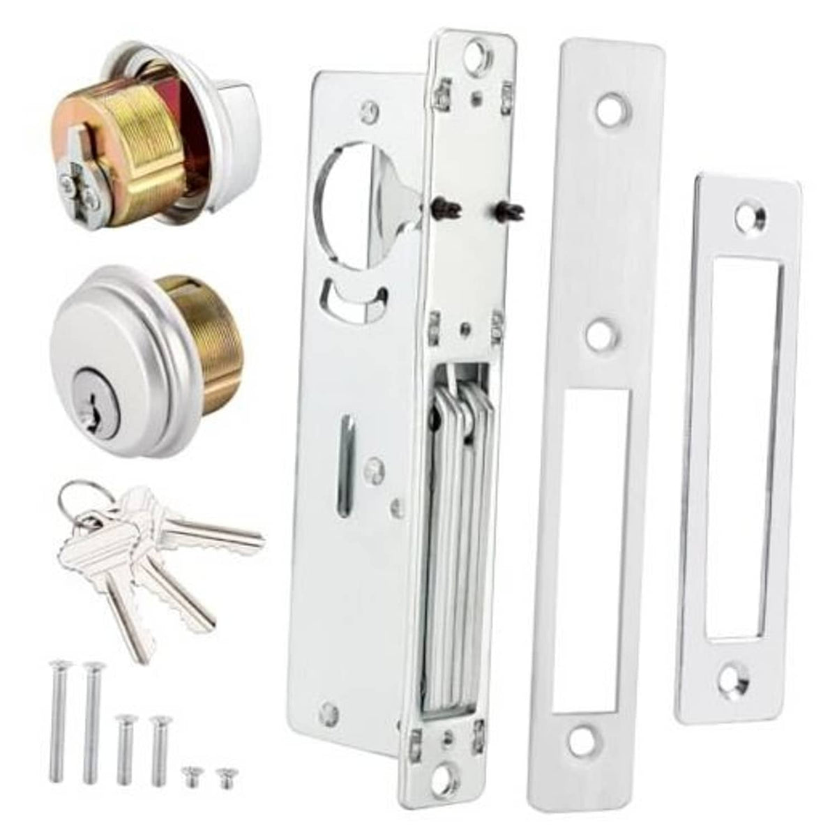 Commercial aluminum mortise door lock set with cylinder, keys, and mounting screws