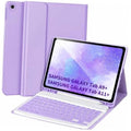 Purple folio keyboard case with detachable wireless keyboard, angled tablet view