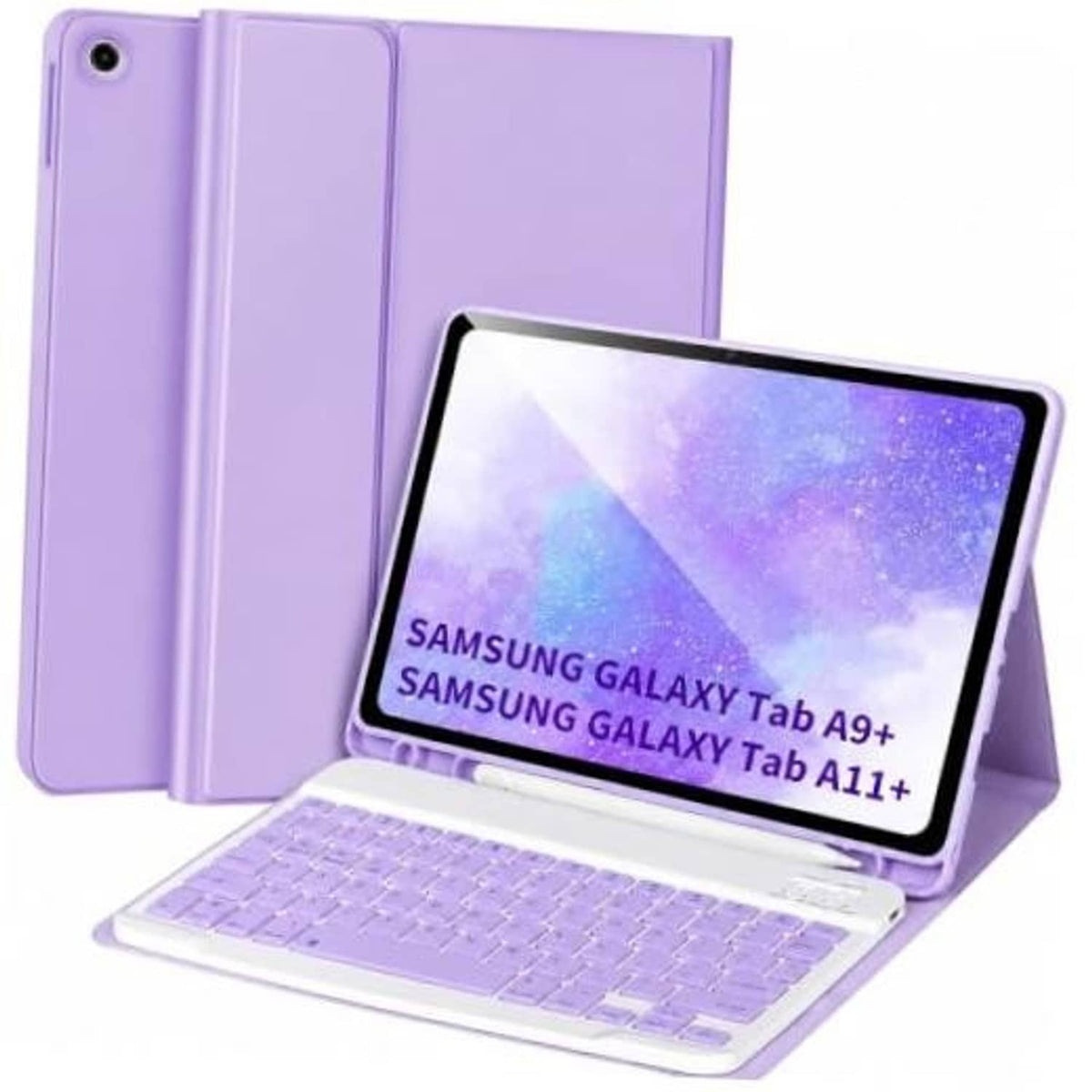 Purple folio keyboard case with detachable wireless keyboard, angled tablet view