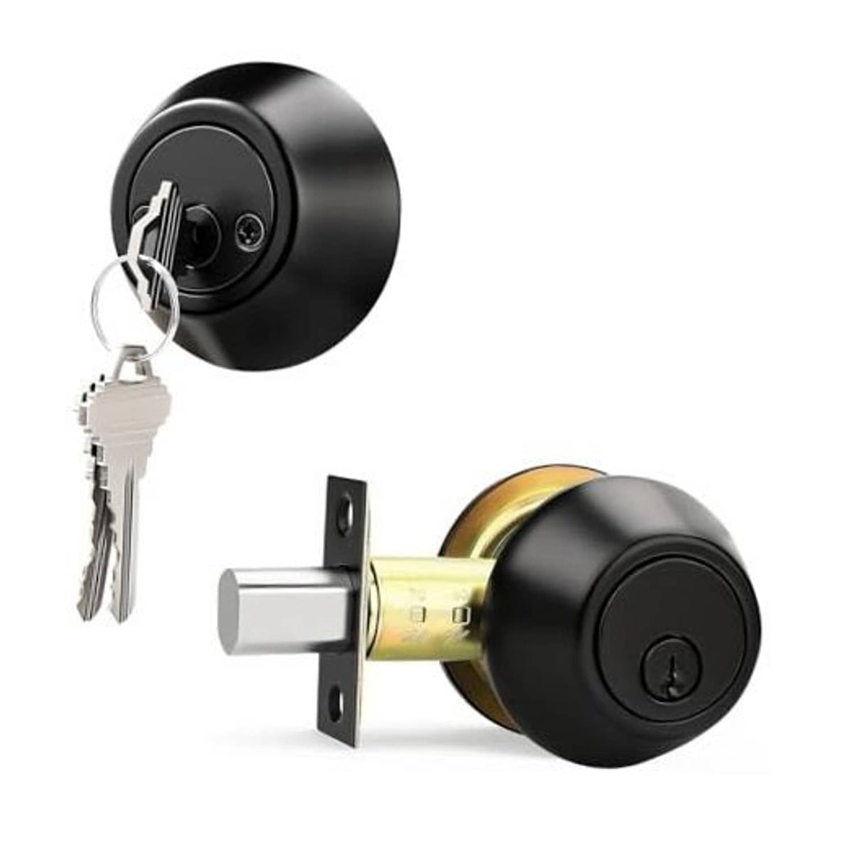 Black keyed-alike double cylinder deadbolt door lock with round face and two keys