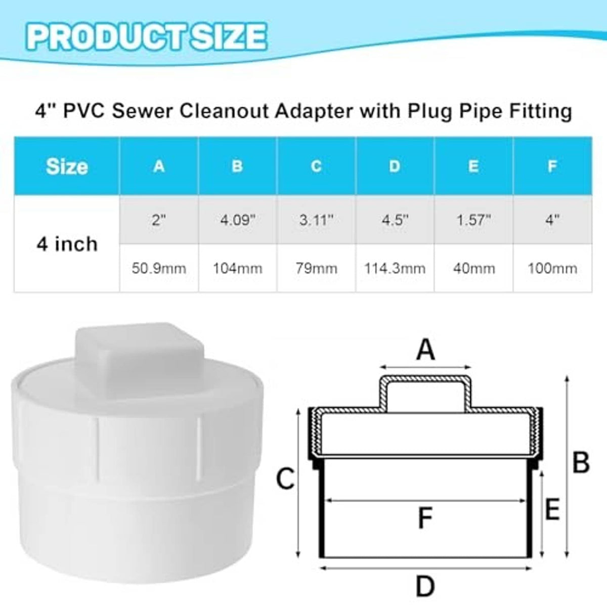 4-inch PVC sewer cleanout adapter size diagram with labeled dimensions