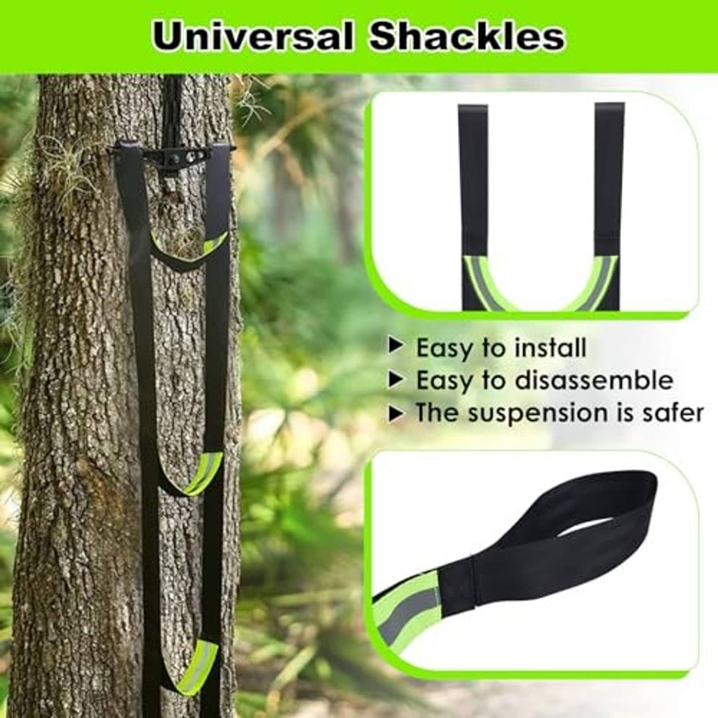 Climbing aider with two long suspension straps and U-shaped step loops on a tree.