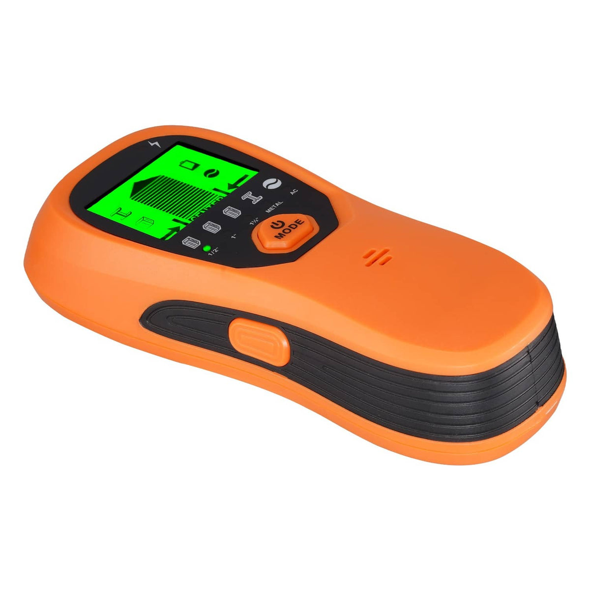 Orange electronic wall scanner with green LCD screen and orange MODE button