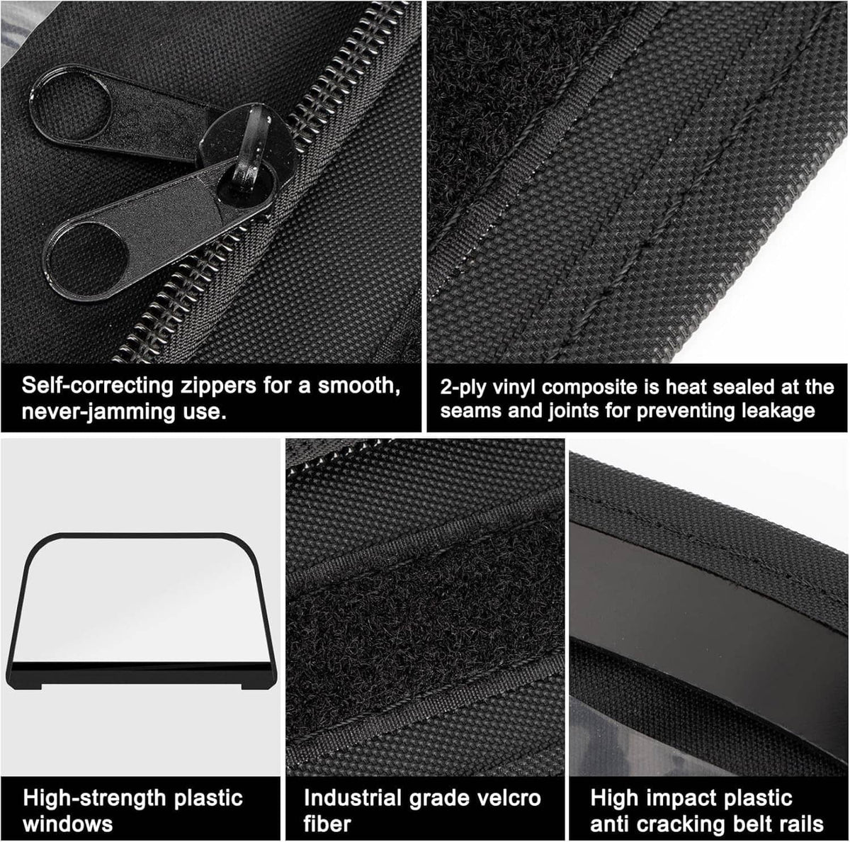Black soft top window fabric with heavy-duty zippers and velcro edges