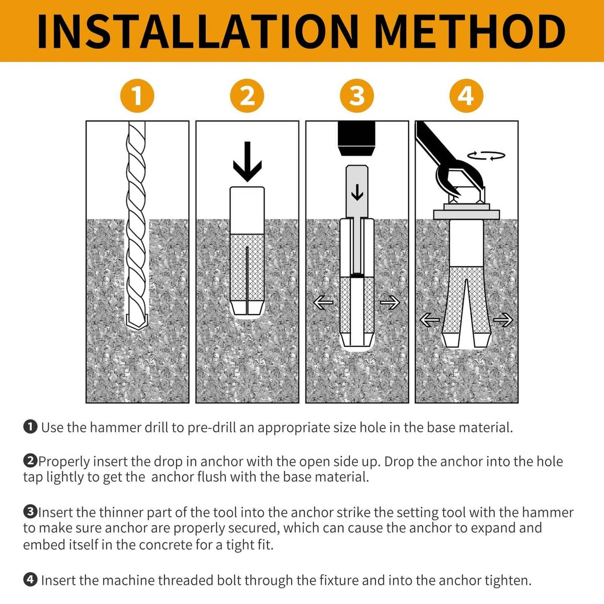 Drop-in concrete anchor installation steps diagram, pre-drill and tighten bolt