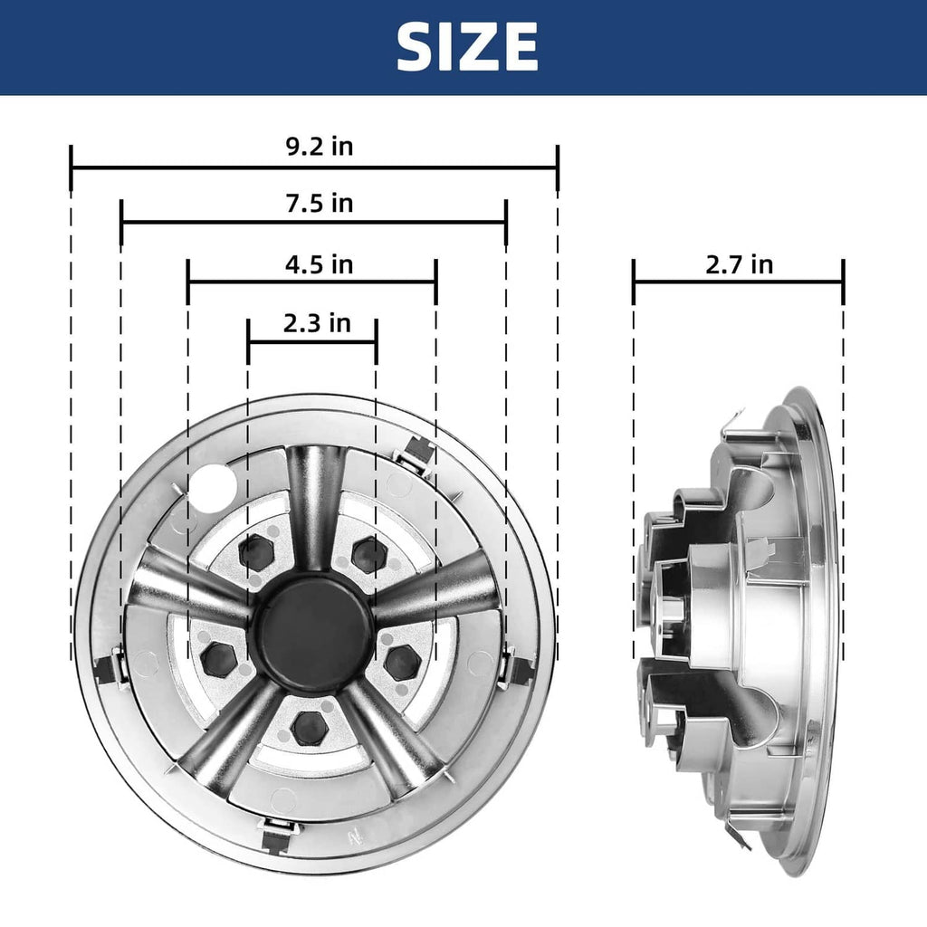 Chrome hubcap size diagram showing 8-inch wheel cover measurements and side profile
