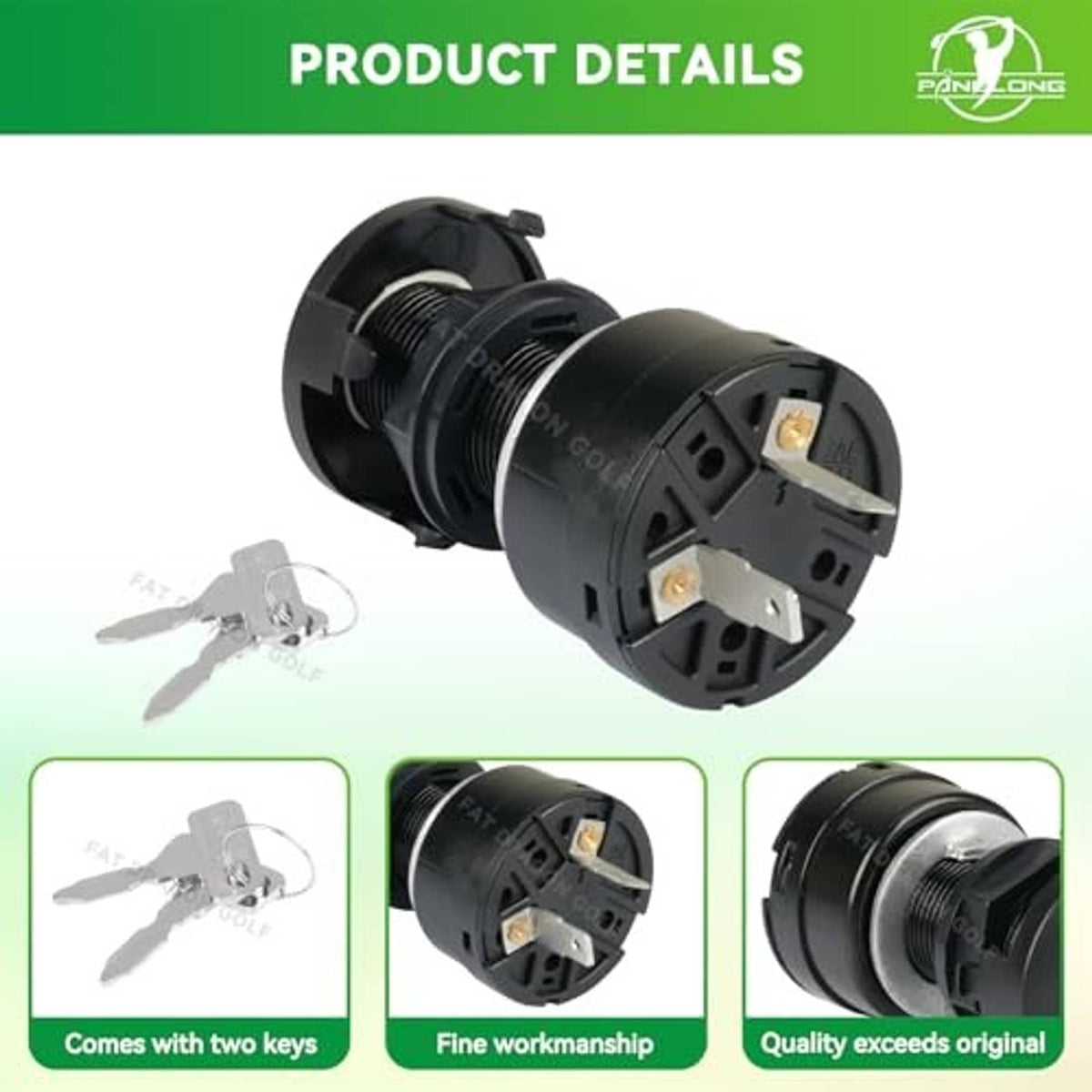 Black ignition switch with two keys and twin brass terminals on mounting base