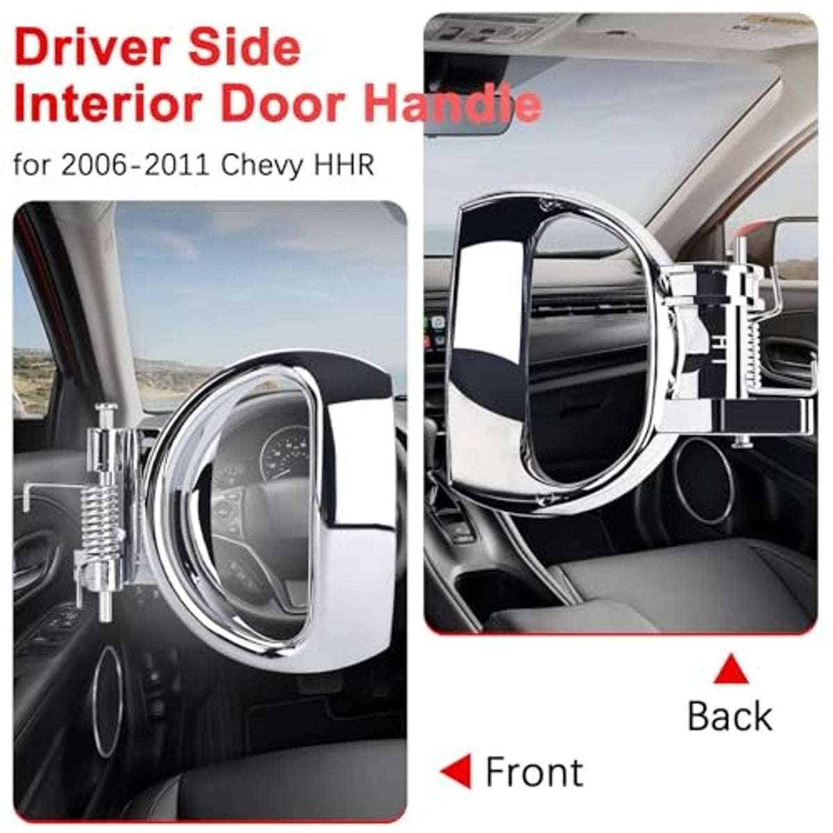Interior door pull handle installed on car door panel, chrome with black grip