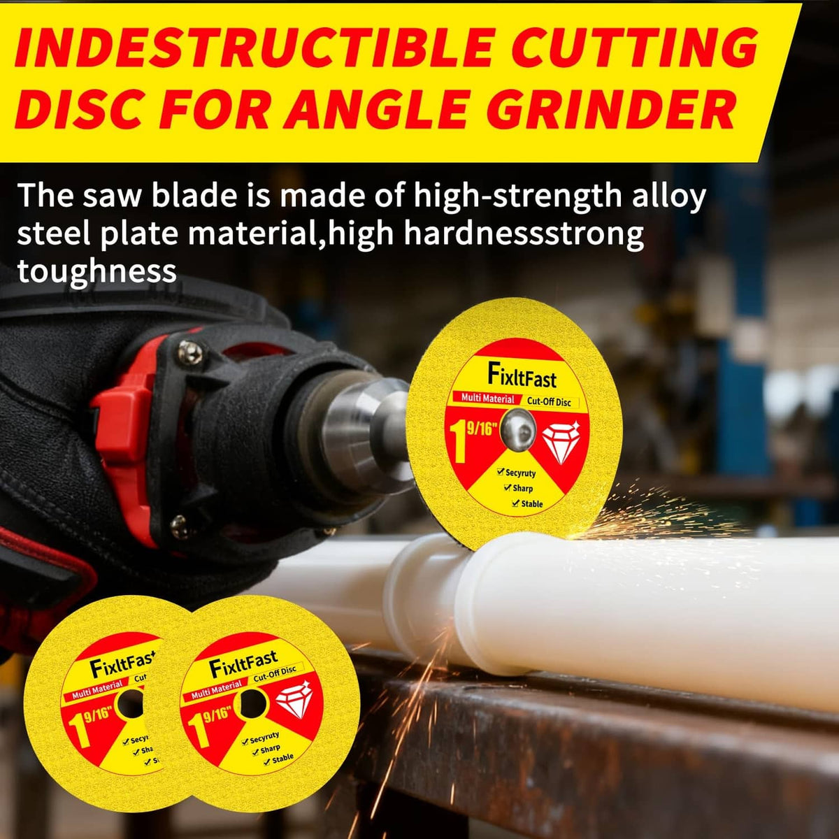 Angle grinder using yellow 9/16-inch cut-off disc on a white pipe with sparks