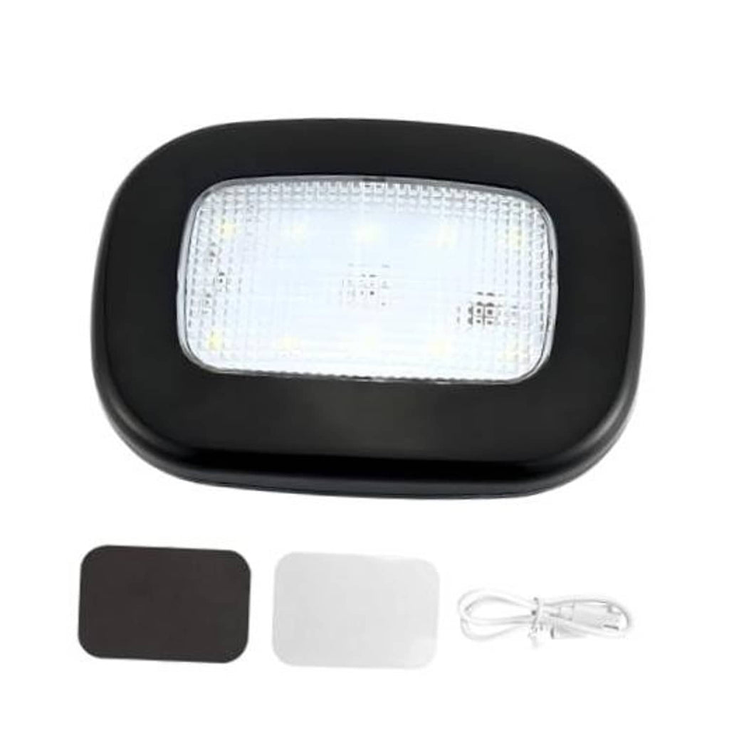 Black dome LED car light with translucent rectangular lens and bright glow window.