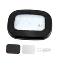 Black dome LED car light with translucent rectangular lens and bright glow window.