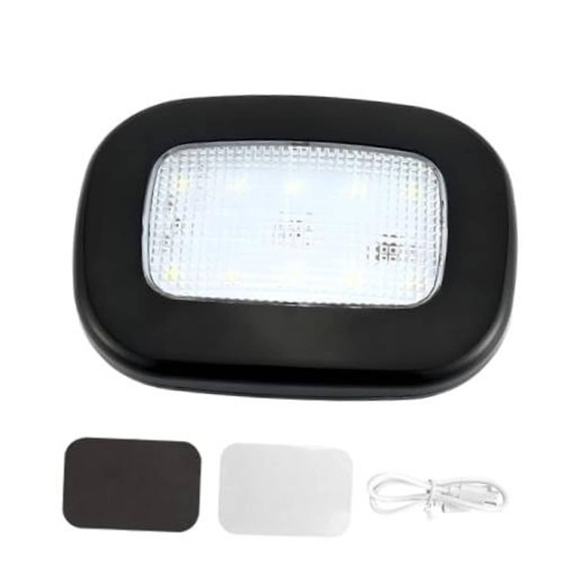 Black dome LED car light with translucent rectangular lens and bright glow window.