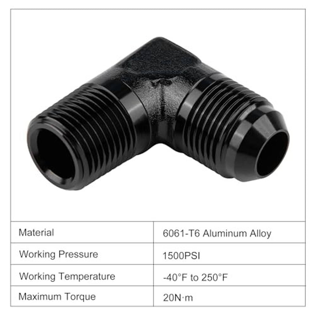 Black 90-degree 6061-T6 aluminum alloy elbow fitting adapter with threaded ports
