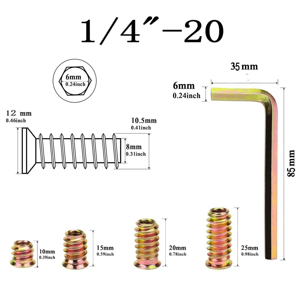 1/4"-20 threaded wood insert dimension graphic with hex drive and key measurements