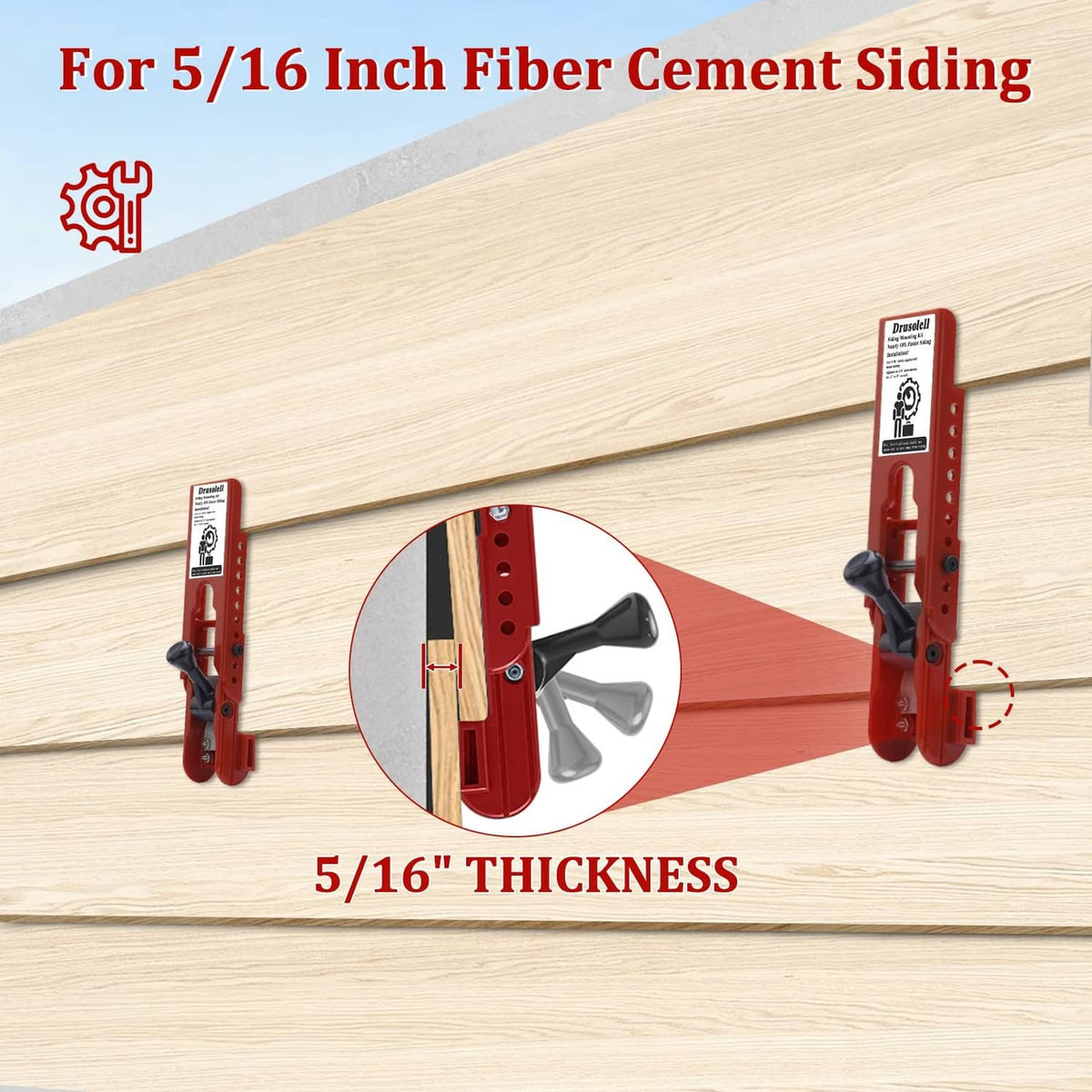 Red adjustable siding mounting tool set attached to light wood fiber cement siding