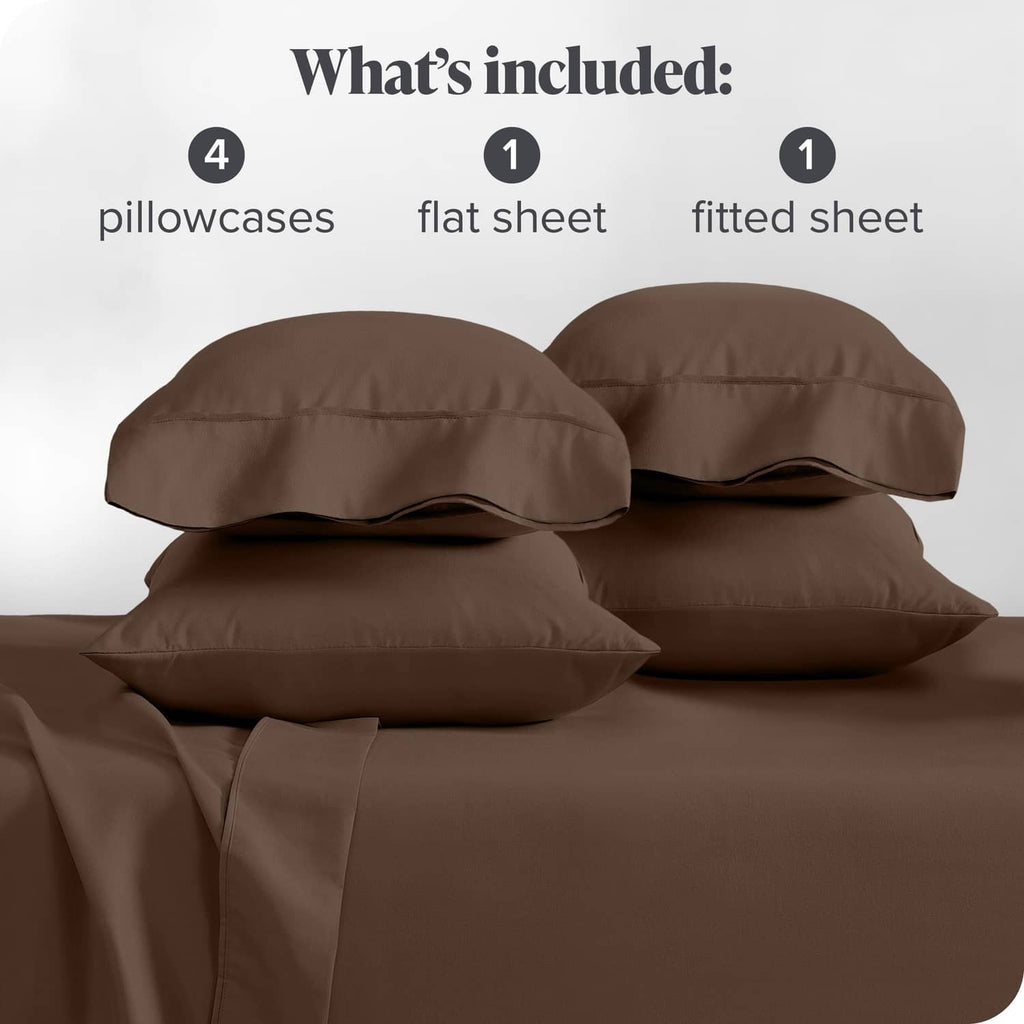 Cocoa brown bed sheet set with two pillowcases and matching folded sheets