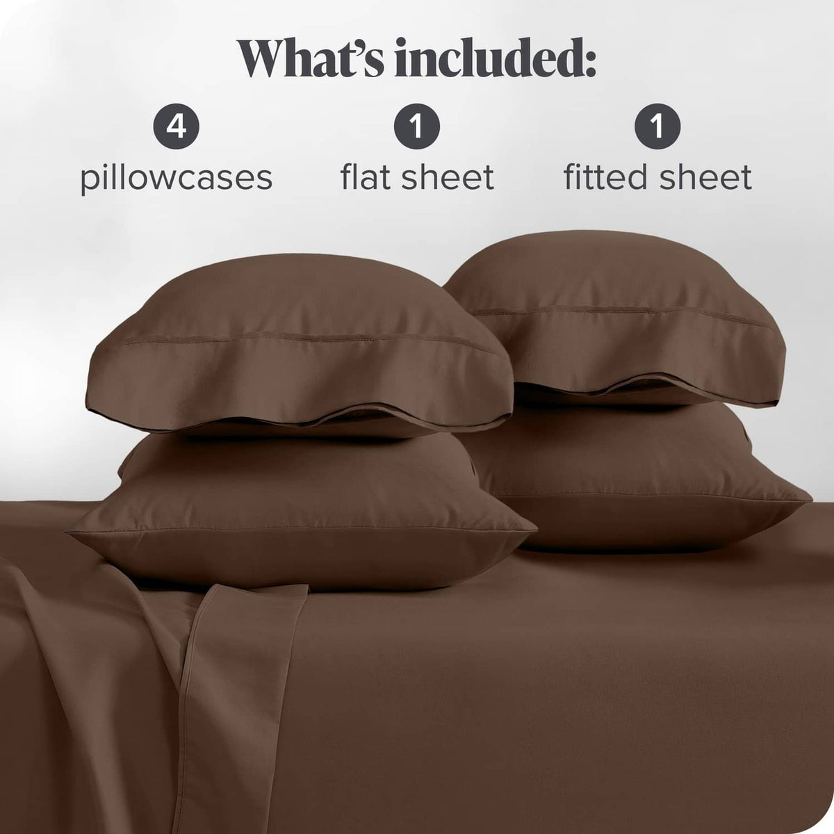 Cocoa brown bed sheet set with two pillowcases and matching folded sheets