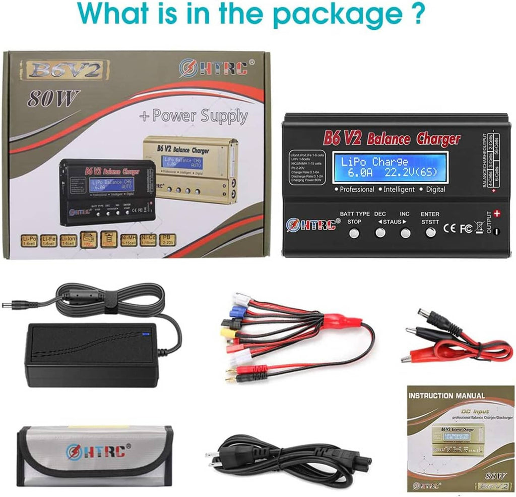 RC balance charger kit with charger unit, cables, storage pouch, and instruction manual