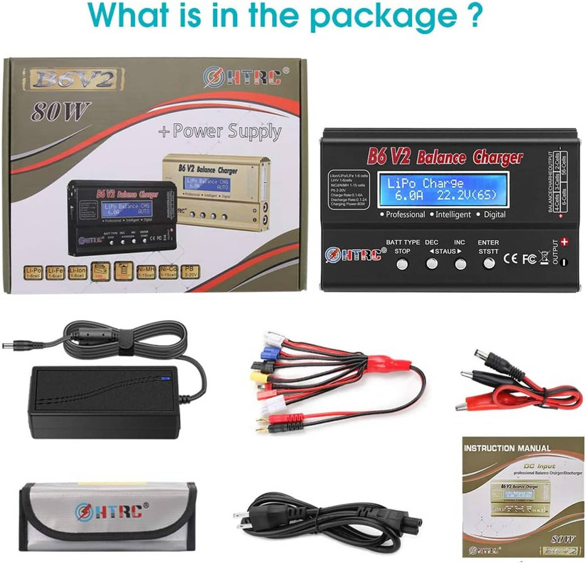 RC balance charger kit with charger unit, cables, storage pouch, and instruction manual