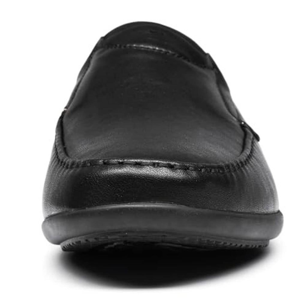 Black men's slip-on loafers with smooth leather back and flexible rubber sole