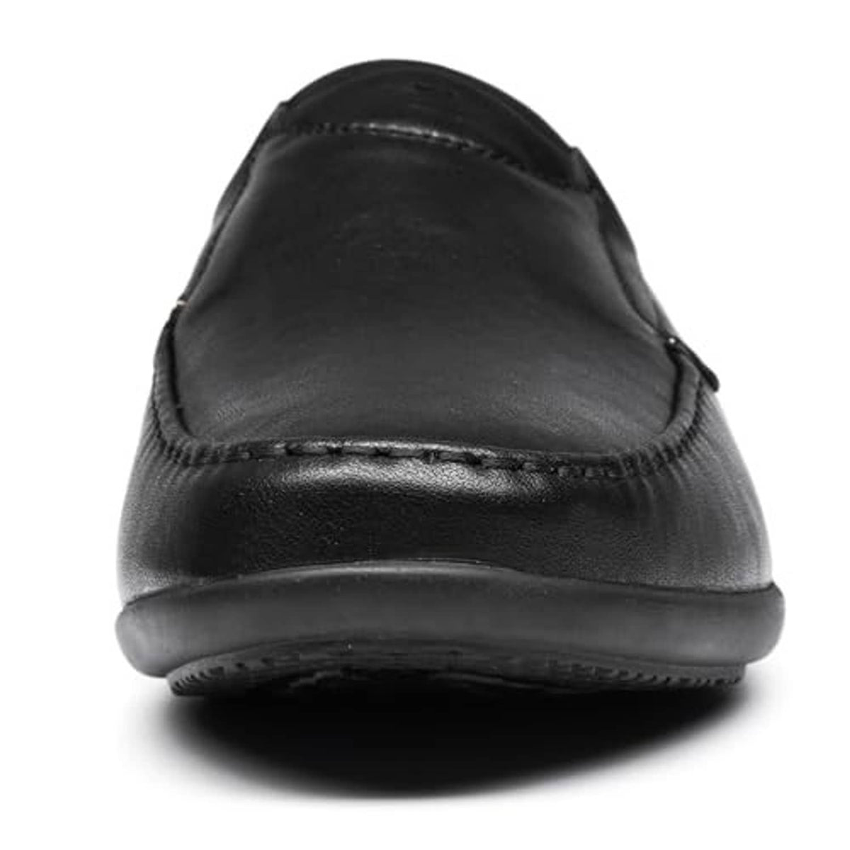 Black men's slip-on loafers with smooth leather back and flexible rubber sole