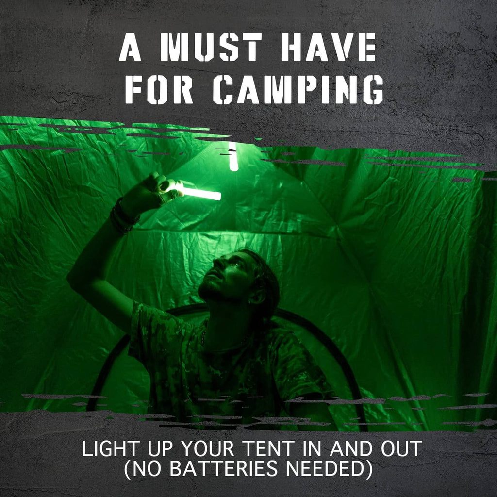Green emergency glow stick held up for tent lighting