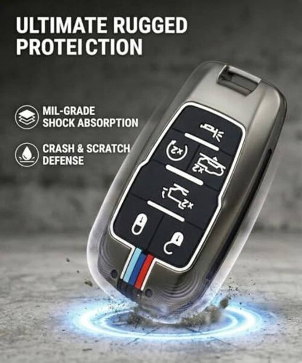 Gray rugged metal key fob cover case with front button icons and metal key ring loop.