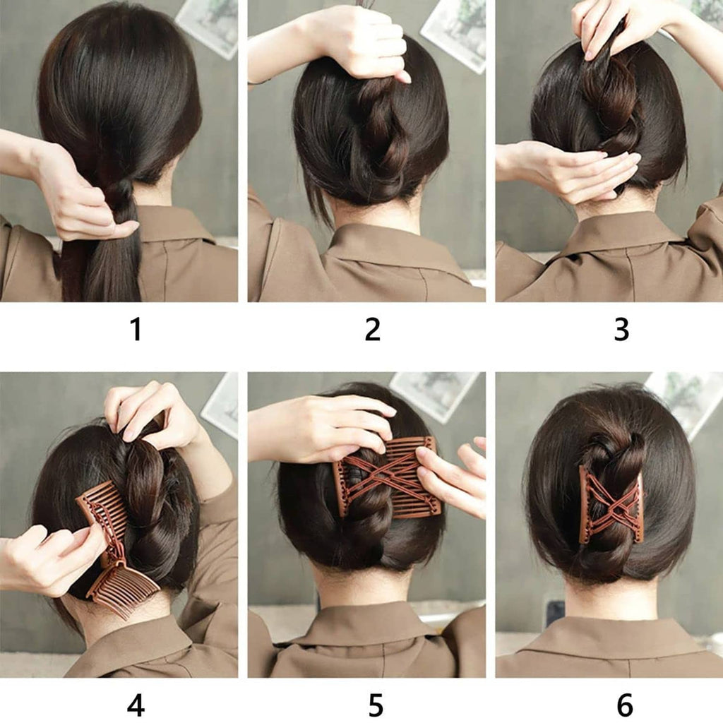 Elastic hair comb fork styling steps on a low bun with brown hair