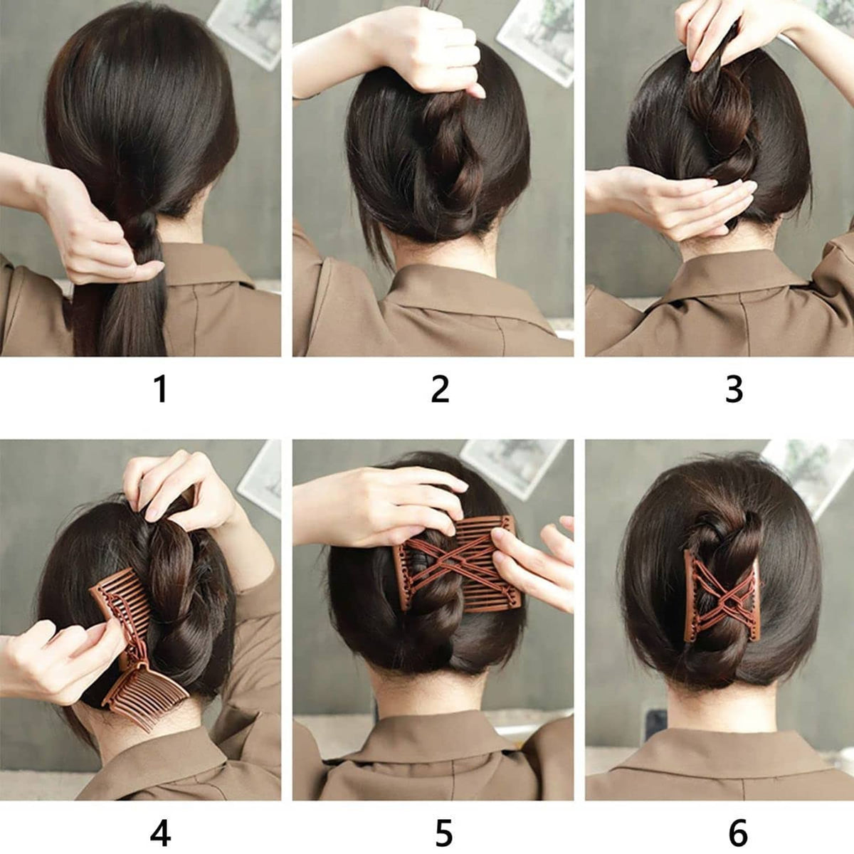 Elastic hair comb fork styling steps on a low bun with brown hair