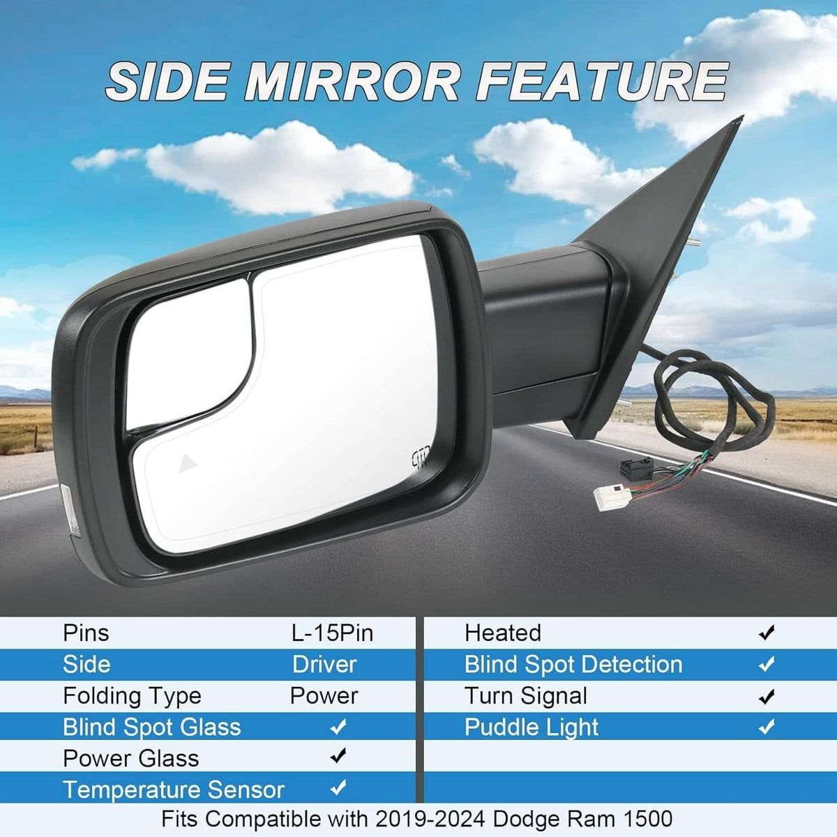 Left driver side heated signal mirror with blind spot detection, black housing and clear glass
