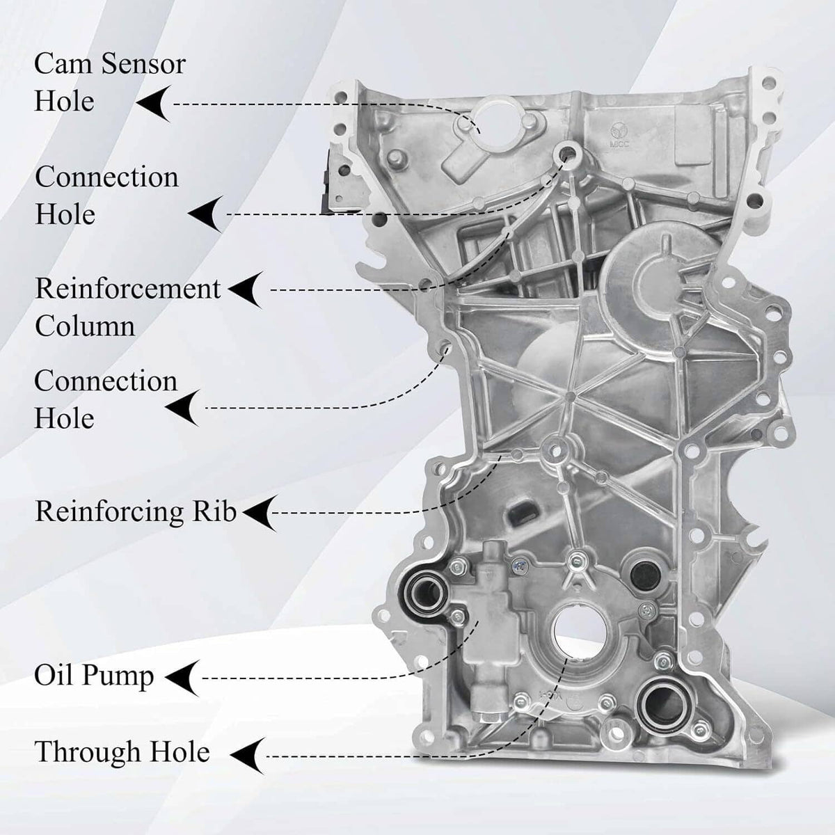 Metal timing chain cover with reinforced ribs, cam sensor hole, and oil pump ports