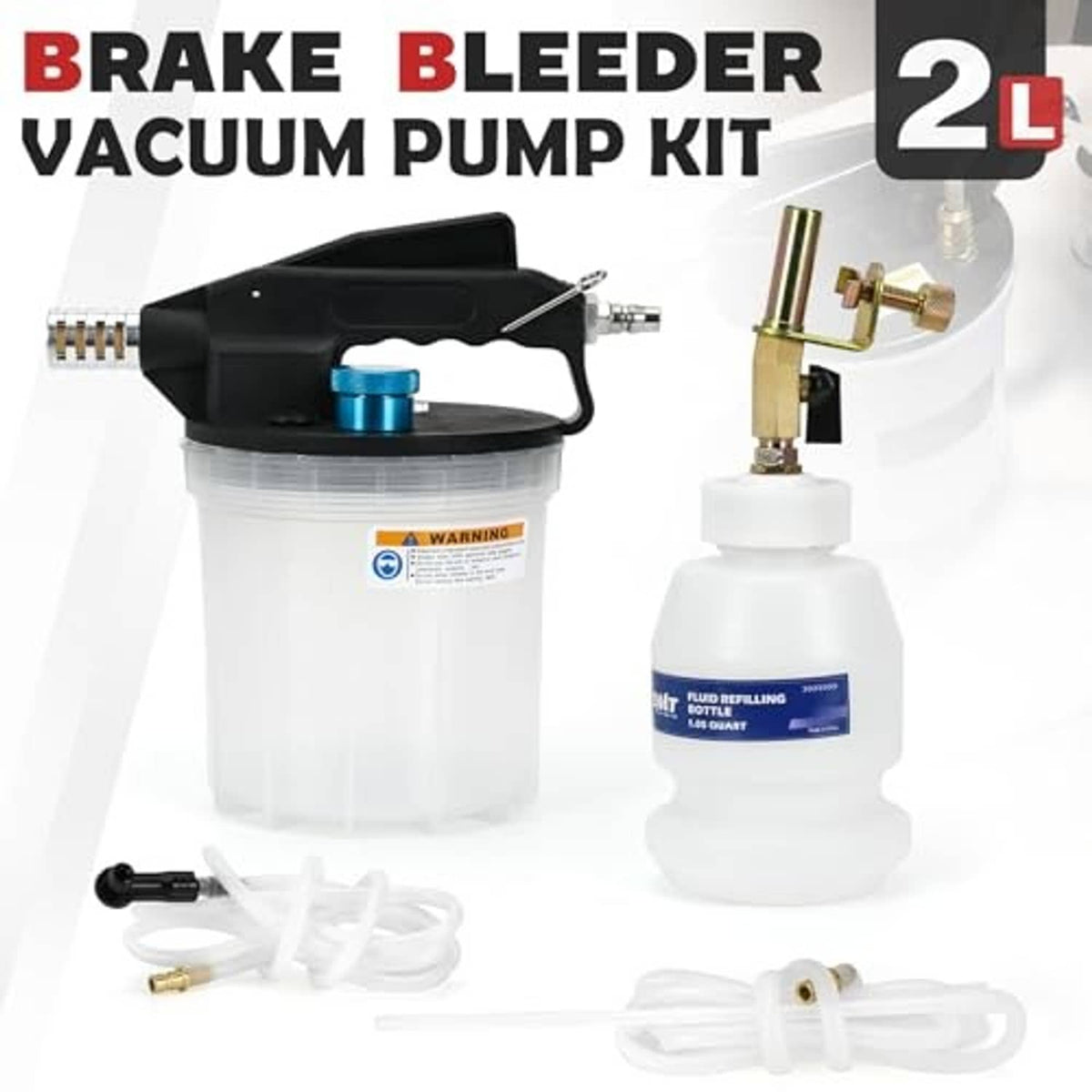 Brake bleeder vacuum pump kit with black pump handle and 1L refill bottle