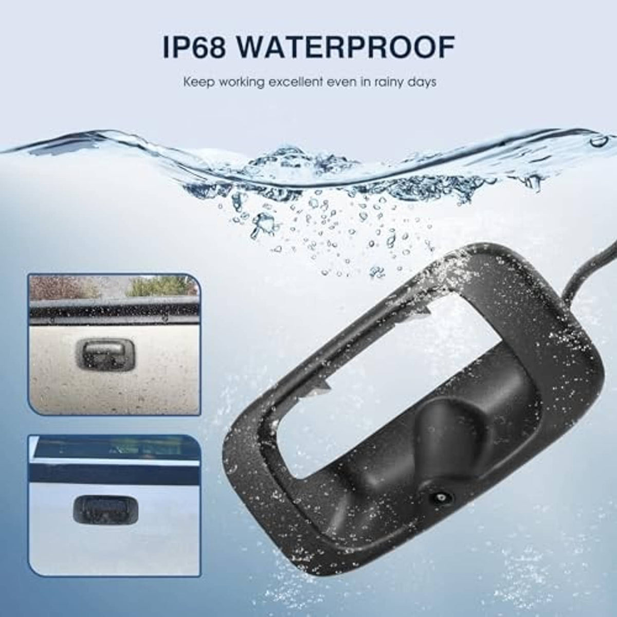 Weatherproof tailgate handle backup camera with water droplets on black housing