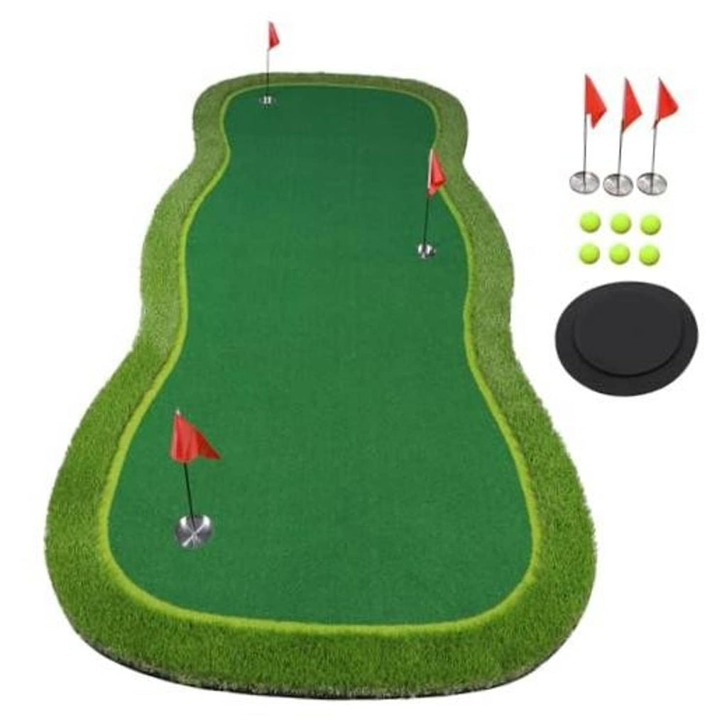Green artificial putting mat with three golf holes and red flags
