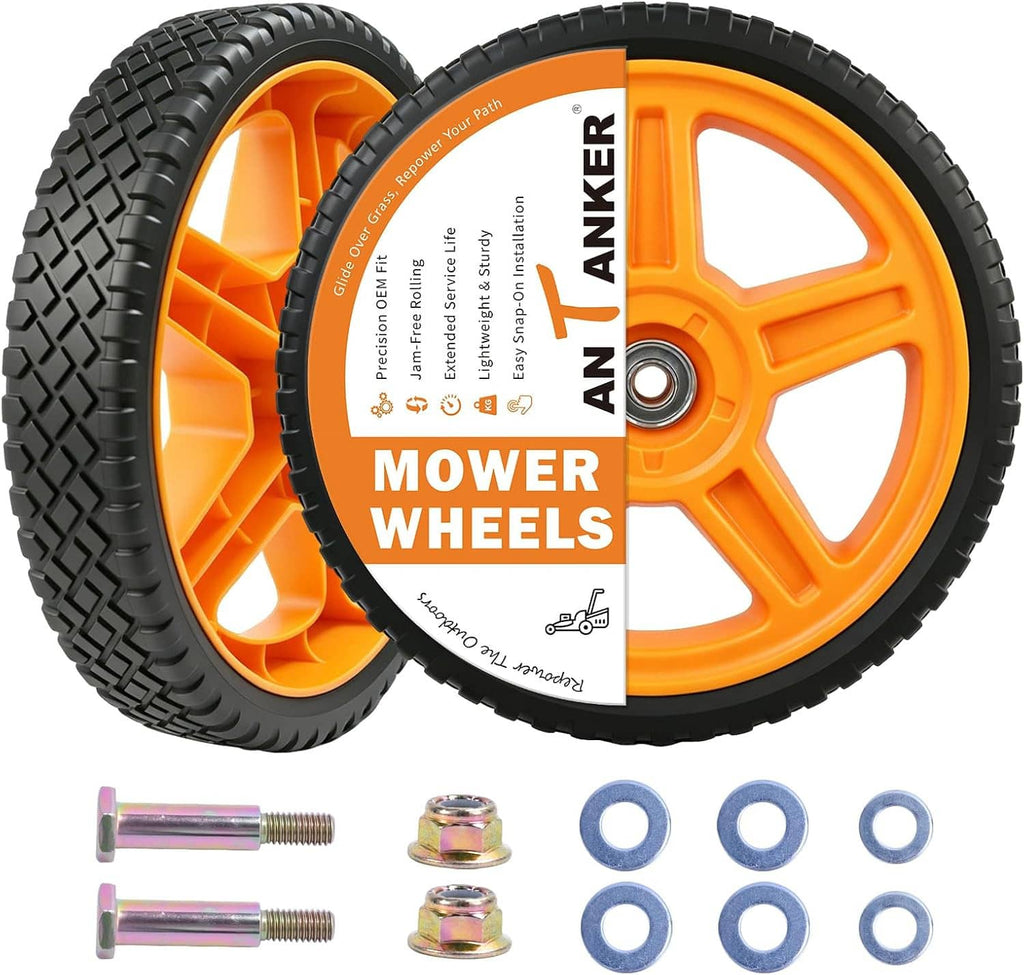 Orange lawn mower wheel pair with black tires, bolts, and washers for push mowers