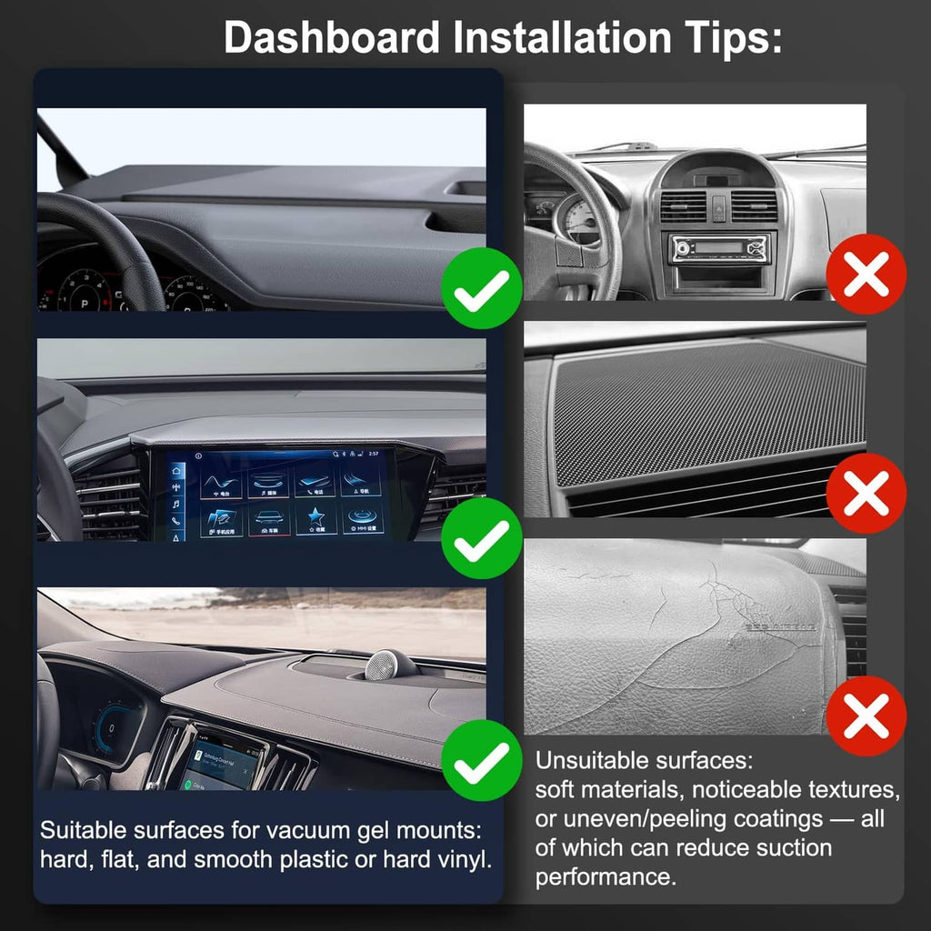 Vacuum magnetic car phone holder tips for suitable dashboard surfaces and suction mounting