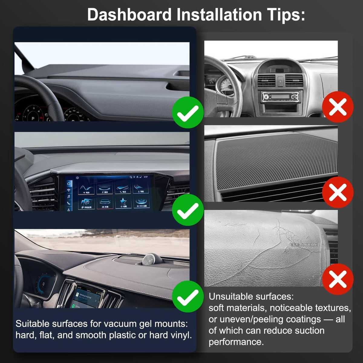 Vacuum magnetic car phone holder tips for suitable dashboard surfaces and suction mounting