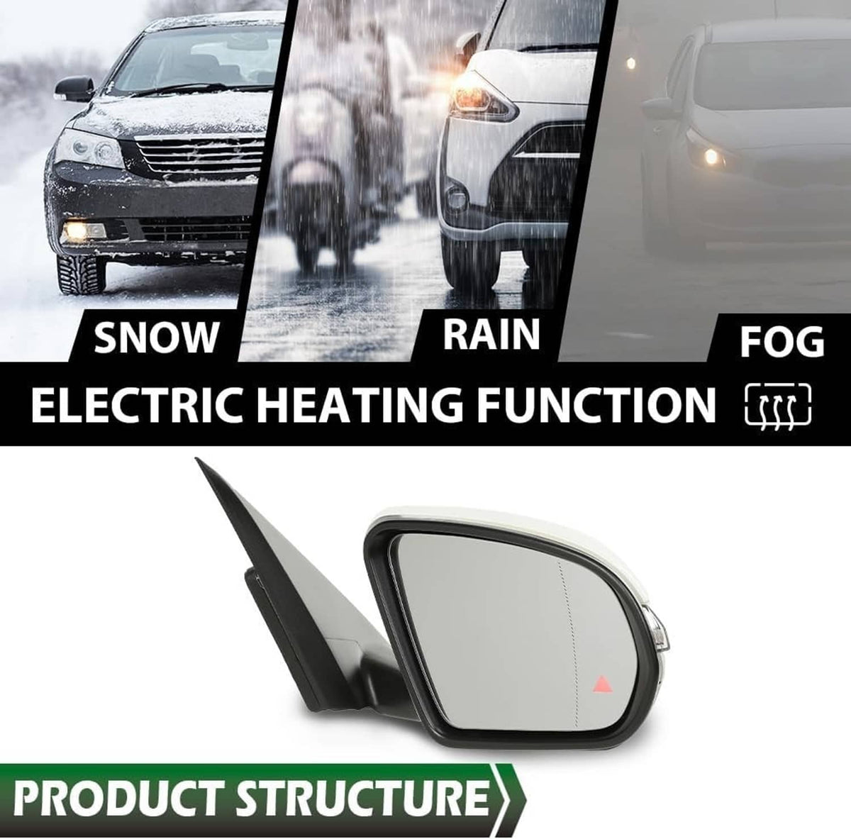 Heated right-side blind-spot mirror housing with integrated arrow indicator
