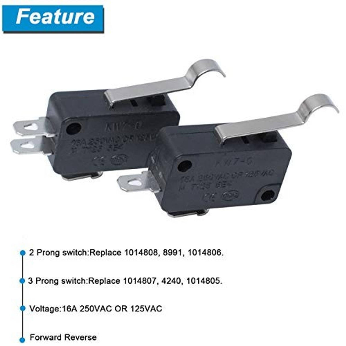 Two black micro switches with metal pin terminals and curved lever actuators.