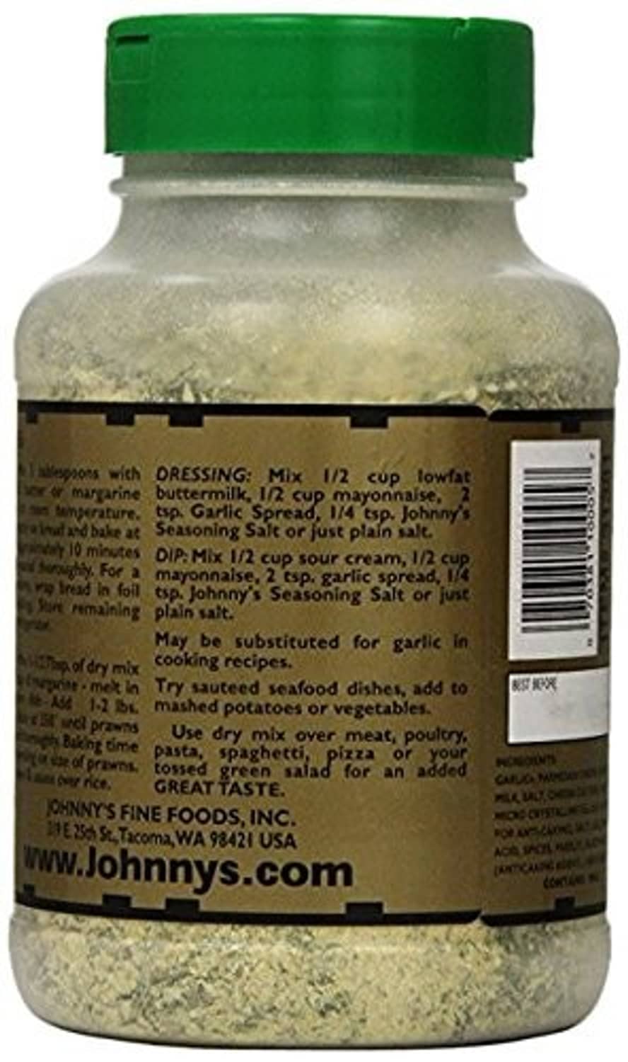 Garlic spread seasoning bottle back with barcode, usage notes, and green cap